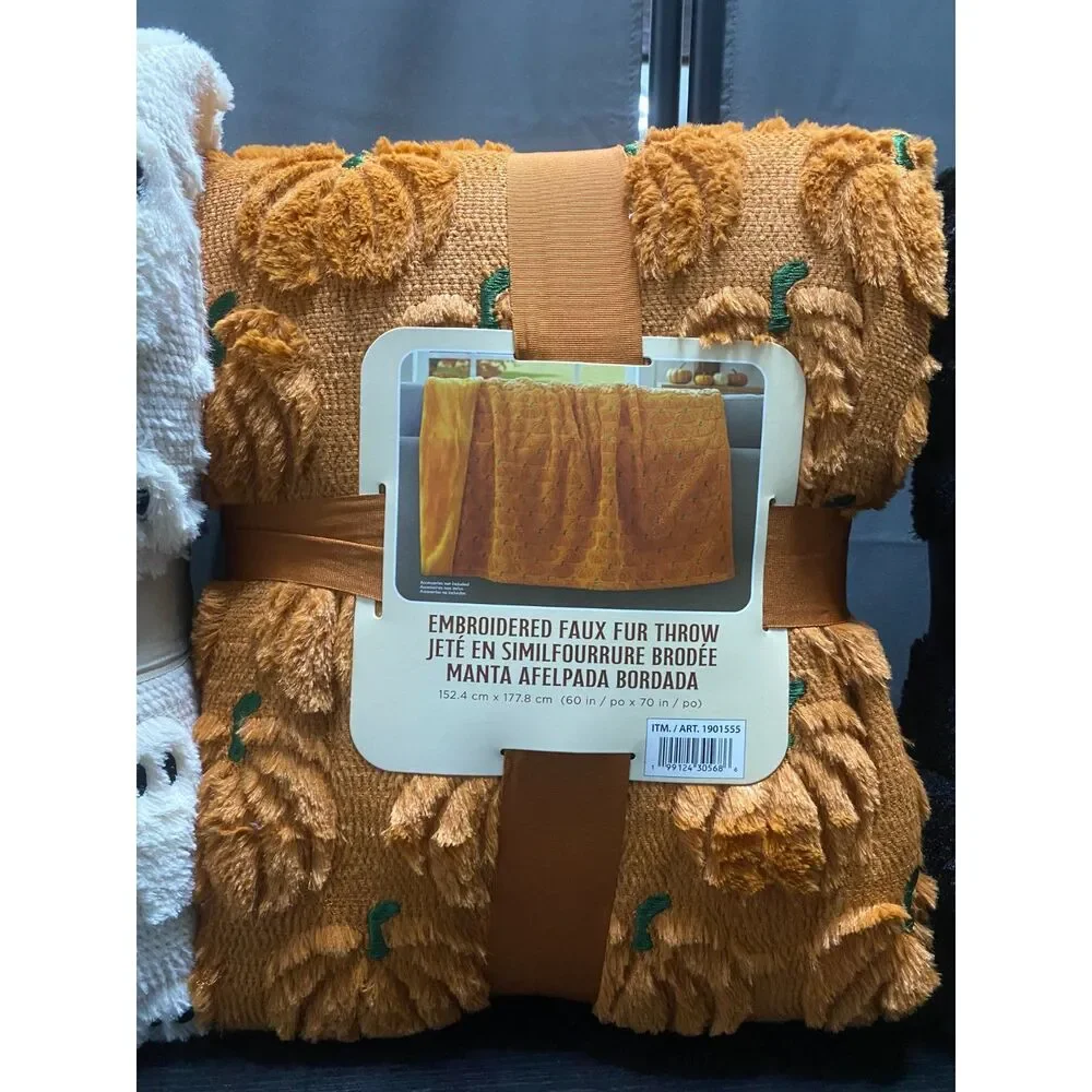NWT Costco Halloween Faux Fur Throw Blanket Lot of 3 Ghost Cat Pumpkin